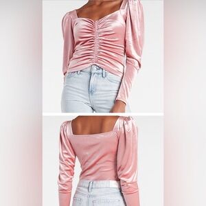 Express NWT pink velvet top with ruched bodice and  princess sleeves size xsm